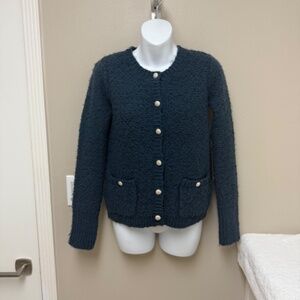 NEW! Tahari Boucle Fuzzy Knit Cardigan Blue w/ Silver Buttons Long Sleeves Sz XS